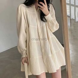 Basic Casual Dresses Long Sleeve Dress Women Ins Spring Lovely Solid A-line Ruffles Korean Apricot Fashion Retro Turn-down Collar Clothes 240419