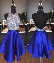 Royal Blue Satin Backless Homecoming Dresses Jewel Halter Sequins Crystal Backless Short Prom Dresses Sparkly Red Party Dresses5272445