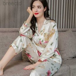 Women's Sleep Lounge Birdsky Fall 1SET Women Pyjamas pyjamas pj sets long sleeve bedroom sleepwear set 100% mulberry silk satin print Colours S-260 d240419