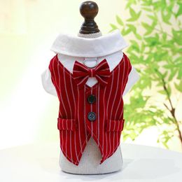 Dog Apparel 1PC Pet Clothing Spring And Autumn Wine Red Stripe Gentleman Suit Shirt Coat With Drawstring Buckle For Small Medium Dogs