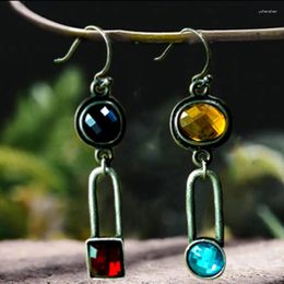 Dangle Earrings Tribal Asymmetrical Colourful Crystal Drop Hook Jewellery Antique Metal Square Round Stone For Women