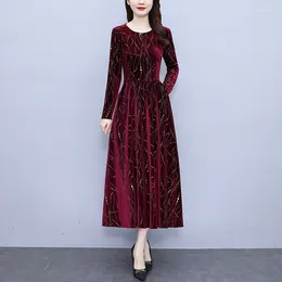 Casual Dresses M-4XL Autumn Winter Velvet Evening Party Long Dress Women Elegant Sleeve Pocket Slim A-line Sequin Stripe Maxi