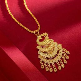 Pendant Necklaces Gold 999 necklace retro AU750 Phoenix pendant 24K atmospheric wedding style smart peacock sweater chain womens Jewellery 240419