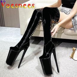 Boots Super High 26CM Pole Dance Patent Leather Over-the-Knee Women Pumps Thin Heels Platform Stripper Shoes Black Strappy