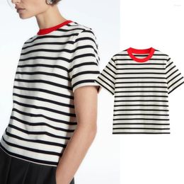 Women's T Shirts Maxdutti Minimalist Clothing Summer Tshirts Women Vintage Cotton Striped Round Neck T-shirts Tops