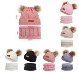 Girl Pompon Hats Scarves Sets Winter Knitted Warm Nature Fur Pom Hat Scarf Thick Beanies Caps Kids Baby Solid Bones6932826