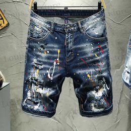 Men's Shorts Fashion Dark Blue Patched Mens Denim Shorts Ink Sprayed Destroyed Washed Denim Summer Strtwear For Male T240419