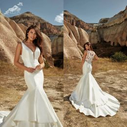 Eddy K 2024 Wedding Dresses V Neck Button Back Beach Bridal Gowns Custom Made Appliques Lace Satin Sweep Train Mermaid