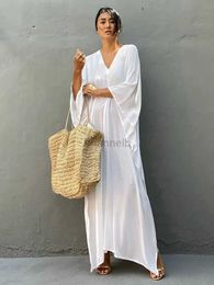 Basic Casual Dresses Boho Sexy Swimwear Cover Up Long Dress Rayon Solid Color Beach Wear Tunic Kaftans Kimono Women Clothing Summer Swimsuit 2023 New 240419