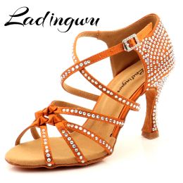 Boots Ladingwu Bronze Silk Satin Latin Dance Shoes Olassic Fourband Knot Rhinestone Salsa Dance Shoes Ballroom Tango Dance Shoes