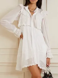 Casual Dresses Embroidery Ruffles Mini Dress Women's White Sweet Long Sleeve Stand Collar 2024 Spring Female Temperament Robes