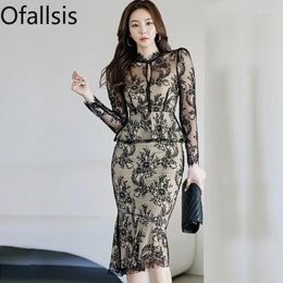 Party Dresses Ofallsis Lotus Leaf Edge Long Lace Fishtail Half Skirt Two Piece Set 2024 Spring Chic Gentle Elegant Waist Slim Suit Female