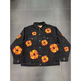 Men Design Orange Wreath Denim Classic Lapel Mens Cowboy Coat Pocket Outerwear