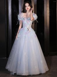 Party Dresses French Style Blue Flower Princess Evening Dress Women Puff Sleeves Appliques Bandage Ball Exquisite Sweet Birthday Gown