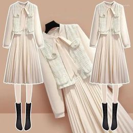 Work Dresses Korean Women Spring Autumn Apricot Bow Folds Dress Sets Sleeveless Vest Coat Sweet Fashion Elegant Casual Long Sleeve