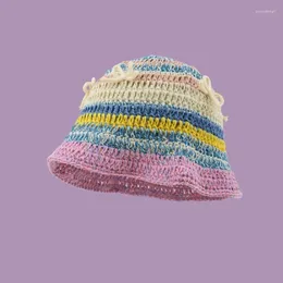 Berets Spring Summer Korean Sweet Bow Knot Straw Sun Hat Women Seaside Striped Knit Sunscreen Bucket Basin Travel Panama