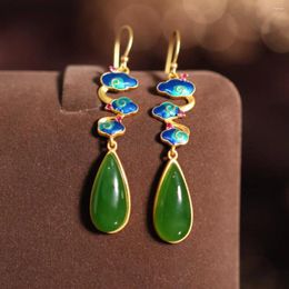 Dangle Earrings Vintage Classical Chinese Style Jasper Eardrops Fairy Mori Super Sterling Silver Green Water Drop