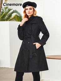 Women's Trench Coats Cinemore Spring Long Coat For Women Casual Windbreaker Jacket Double Breasted Lapel Belted Windproof Female Overcoat