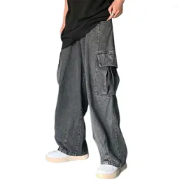 Men's Jeans Men Summer Cargo Multi Pockets Straight Wide Leg Denim Pants Retro Loose Fit Trousers Streetwear