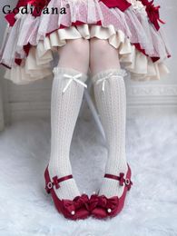 Dress Shoes Japanese Style Sweet Cute Women Mary Jane Spring And Autumn Lolita Fashion All-Match Bow Beaded Bandage For Ladies