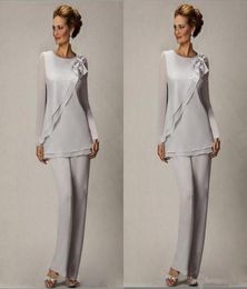 Elegant 2019 Plus Size Silver Pants Suit For Mother of The Bride Groom Beaded Chiffon Wedding Party Evening Gowns5322957