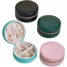 Round Travel Jewellery Box PU Leather Jewellery Case Portable Jewellery Organiser Holder for Rings Earrings Necklace LL