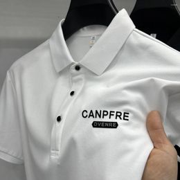 Men's Polos Light Short Sleeved Letter Printed Polo Shirt Summer Stripe Design Silk Cotton Breathable Casual T-shirt