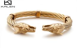 Stainless Steel Viking Wolf Bangle Man Cable Gold/Black/Silver Colour Animal Cuff Bracelet Men Jewellery 2109186664263