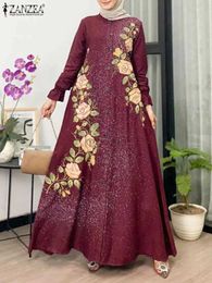 Ethnic Clothing Women Floral Printed Muslim Dress Fashion Long Sleeve Maxi Vestidos IsIamic Robe ZANZEA Eid Mubarek Sundress Elegant Loose Abaya d240419