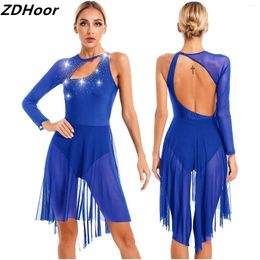 Stage Wear Womens Figure Glitter Rhinestone Dance Dresses Cutout Leotard Dress One Shoulder Sheer Mesh Long Sleeve Lyrical Skating Costume