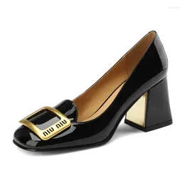 Dress Shoes Fashion Metal Buckle Genuine Leather Pumps Women Square Toe Woman High Heels Party Basic Office Ladies