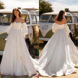 2024 A-Line Wedding Dresses Sexy Sweetheart Lace Appliques Beach Bridal Gowns Custom Made Long Sleeves Sweep Train Wedding Dress