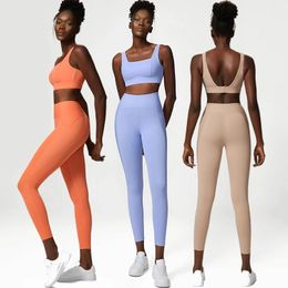 2 Pieces Fitness Yoga Set Women Solid Color Stretchy Sports Suit Gym Bras High Waist Leggings Female Breathable Workout Clothes 240415