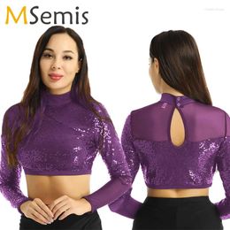 Stage Wear Ballet Leotards For Women Shiny Sequins Crop Tops Mock Neck Long Sleeves Keyhole Back Unique Mesh Spliced Top Dancewear