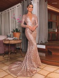 Party Dresses Sequined Evening Backless Full Sleeves Mermaid V Neck Sexy Sweep Train Long Prom Gowns Formal Special Occasion