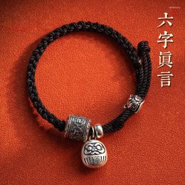 Link Bracelets Silver Colour Six-character Mantra Bodhidharma Hand-woven Black Hand Rope Bracelet Men And Women Tibetan Jewellery