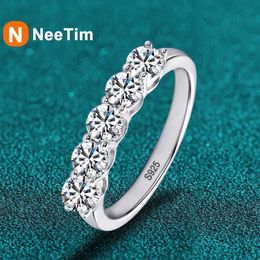 Wedding Rings NeeTim Full 4mm Moissanite Ring for Women 5 Stones Diamond Wedding Band Bride S925 Sterling Silver with White Gold Plated Rings 240419