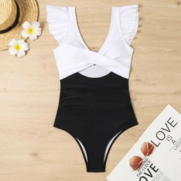 Women's Swimwear 2024 Ruffle V-Neck One Piece Swimsuit Women Summer Patchwork Beach Wear Bathing Suit Black White Bodysuit Female