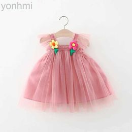 Girl's Dresses Summer Baby Girl New Mesh Dress Flower Hanging Fairy Dress 0-3 Year Old Newborn Princess Dress d240423