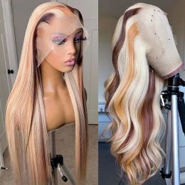 Wigs 180 Density Brazilian Highlight Blonde Colored Simulation Human Hair Wig Body Wave Ombre HD Transparent Straight Lace Front Wigs F