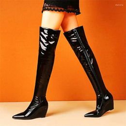 Boots Sexy Long Booties Women's Patent Leather Over The Knee Wedge High Heels Riding Party Pumps 33 34 44 45