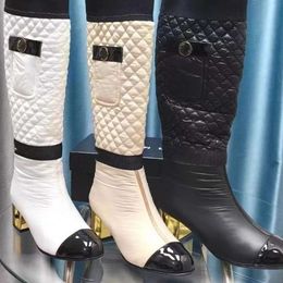 Boots Winter Small Fragrant Wind Down Cloth Long Boots with Diamond Grid Lacquer Leather Panel Pockets and Thick Heels for Warmth and Knee Shoes