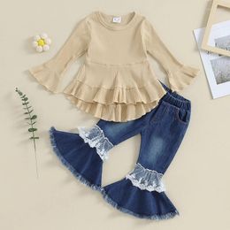 Clothing Sets 1-5Y Kid Girls Autumn Pants Baby Long Sleeve Ruffle Dress Tops Lace Trim Flare Jeans Outfits Children Fashion Clothes