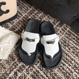 Slippers Summer Clip Toe Silver Buckle Herringbone Roman Flat Shoes Women's Cowhide Second Uncle Casual
