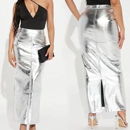 Skirts Women's Patent Leather Half Skirt Autumn And Winter Bright Bread Buttocks Silver High Waisted Split