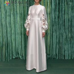 Casual Dresses EDGLuLu Designer Clothes Women Luxury O Neck Long Lantern Sleeve Flower Hollow White Dress Elegant Satin Evening 1130