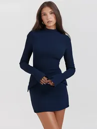 Casual Dresses QWEEK Vintage Elegant Office Ladies Dark Blue Sexy Mini Dress Women Commuting Bodycon Club Party Short 2024 Spring