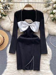 Casual Dresses SINGREINY Senior Beading Party Dress Female Temperament Hollow Out Long Sleeve Fashion Bow Design Slim Didmonds