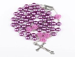 Pendant Necklaces Purple Imitation Pearl Rose Catholic Rosary Necklace Cross Virgin Religious1226575