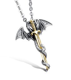 Hip Hop Pendant Necklaces Super Cool Evil DragonSword Titanium Steel Personality Unique Designer Jewellery Men Antique Gold Colour N6592539